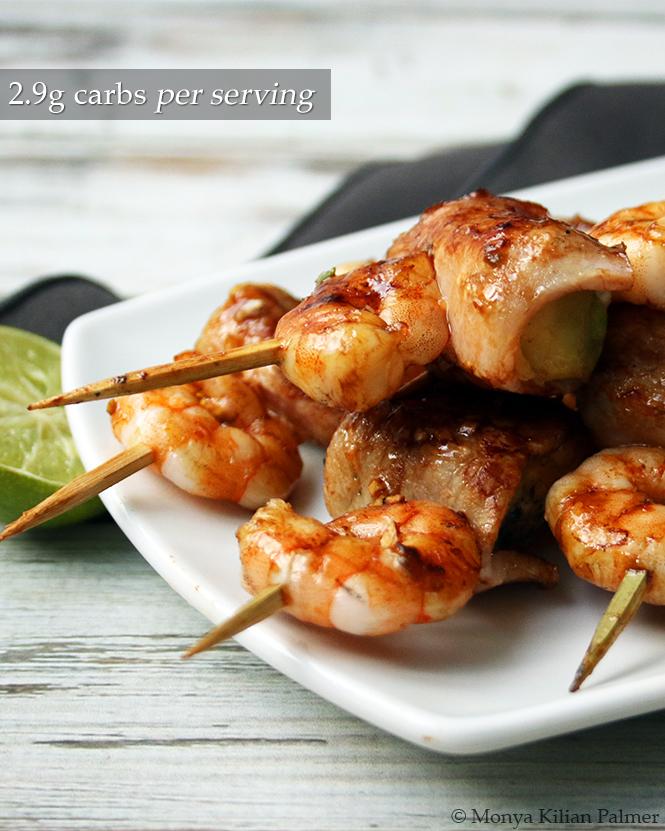 Keto Bacon Prawn Avocado Skewers