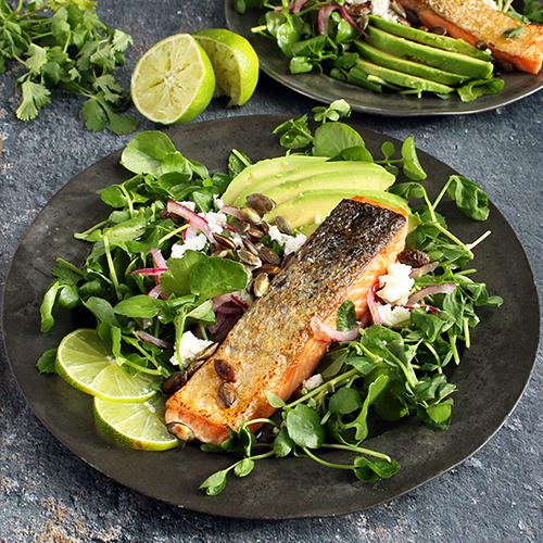Salmon and Avocado Salad with Quick-pickled Onions Keto