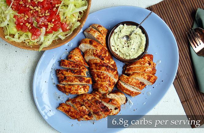 Chicken with Creamy Pesto Dip and Parmesan Salad Keto