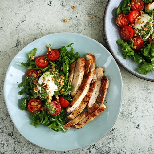 Burrata and Homemade Pesto Salad with Pork Keto