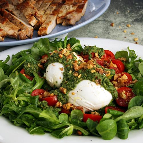 Burrata and Homemade Pesto Salad with Pork Keto