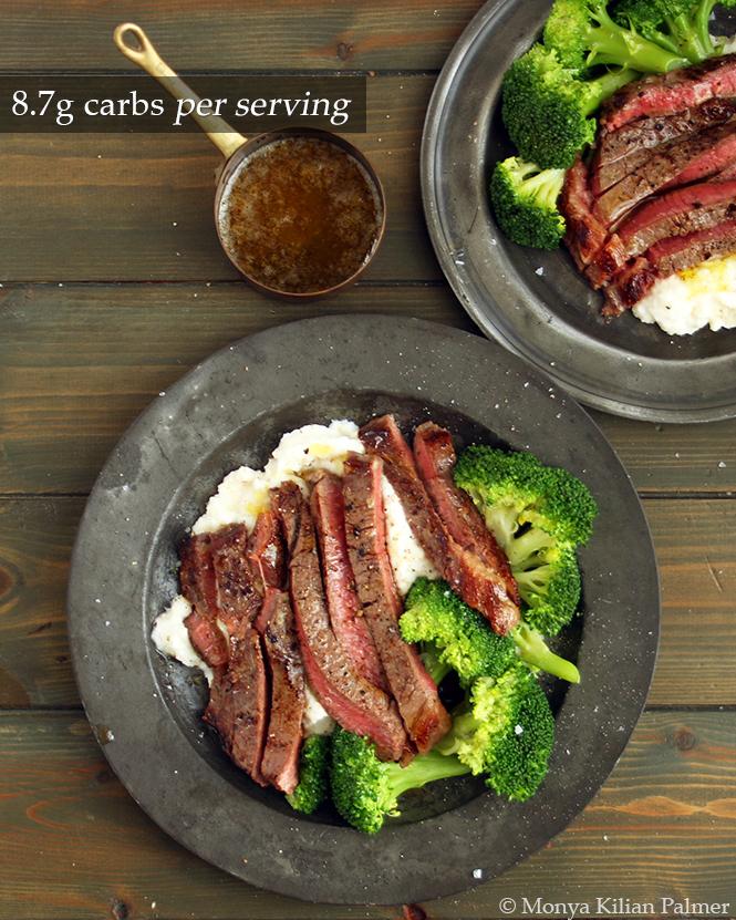 Steak Cauliflower Puree Broccoli Browned Butter Drizzle Keto